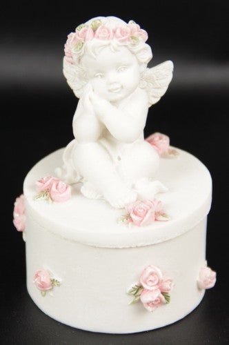 Set of 6 cherub trinket boxes with pink roses, 7cm high, perfect for jewelry and keepsakes, enhancing home decor.