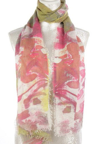 Vibrant lime abstract multi scarf, 45x185cm, 20% cotton and 80% viscose, ideal for versatile styling in all seasons.