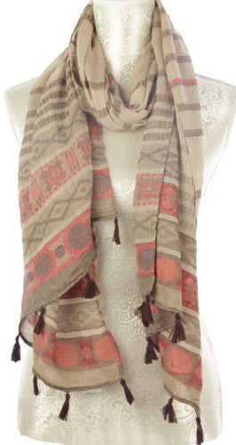 Elegant coffee-colored scarf with intricate lines and playful tassels, perfect for warmth and stylish layering.