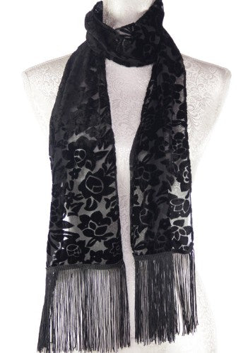 Black floral burnout scarf with fringes, measuring 160 x 25 cm, perfect for layering and elevating outfits.