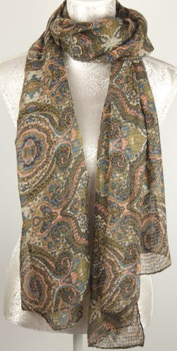 Lightweight olive print scarf made of 100% polyester, perfect for layering or wrapping for style and warmth.