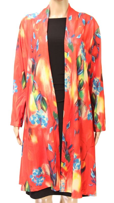 Floral coat cape on red background, medium size, stylish and comfortable, perfect for layering on any occasion.