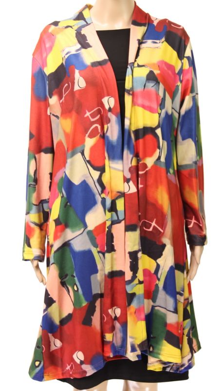 Stylish small coat cape with abstract rectangle pattern, lightweight design, and comfortable armholes for versatile layering.