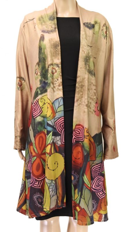 Vibrant floral-patterned coat cape in small size, perfect for layering and adding elegance to any outfit.