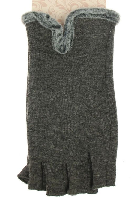 Luxurious grey fingerless gloves with cozy fake fur trim, perfect for style and warmth in cold weather.