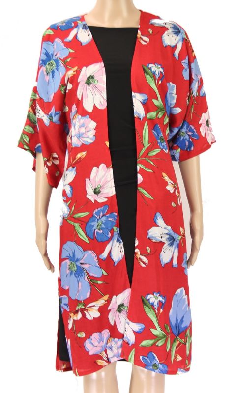 Vibrant red kimono with intricate floral patterns, made of lightweight 100% viscose for stylish layering and comfort.