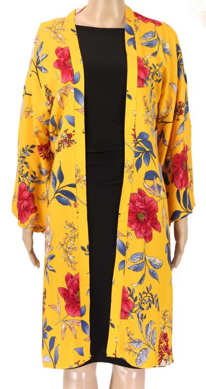 Mustard bell sleeve kimono with belt, crafted from premium viscose, perfect for stylish layering and versatile outfits.