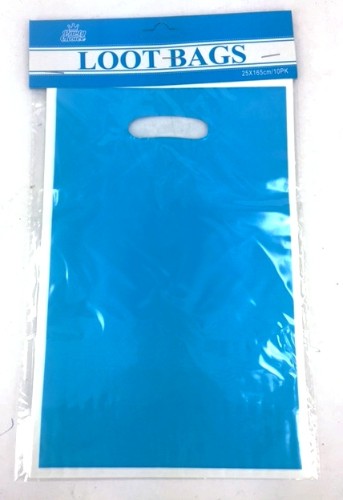 Bright blue loot bags (10 units) for parties, measuring 16.5 x 25cm, durable for treats, ideal for celebrations.