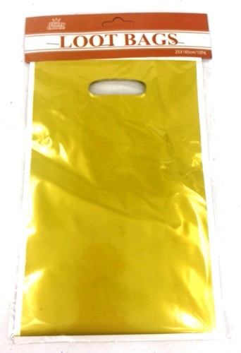 Gold loot bags set of 10, measuring 16.5 x 25cm, perfect for party favors and events; stylish and durable design.