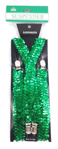 Vibrant green shiny suspenders with adjustable clips, adding style and flair to any outfit. Ideal for parties and casual wear.