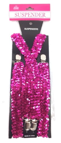 Hot pink shiny adult suspenders designed to enhance curves, perfect for special occasions and pairing with stockings.