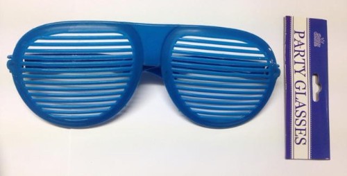 Trendy blue shutter shading glasses for parties, offering UV protection and a fun, vibrant style at a clearance price.