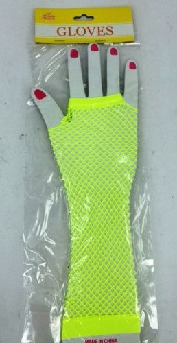 Vibrant neon yellow fingerless net gloves, 25cm long, perfect for stylish outfits and dance events while ensuring freedom of movement.
