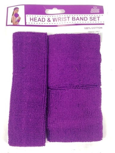 Purple cotton head and wrist band set, designed for comfort and sweat absorption during workouts for athletes and fitness enthusiasts.