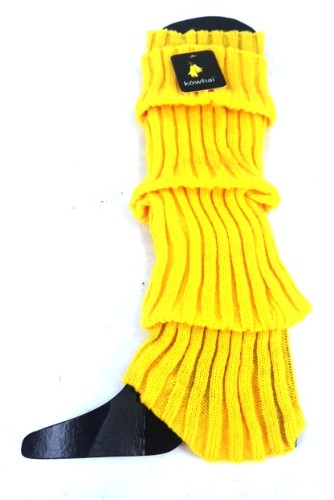 Cozy yellow knitted leg warmers for ladies, perfect for warmth and style during chilly days.