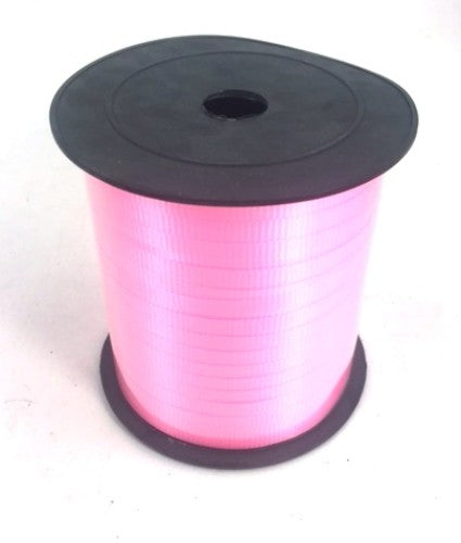 Vibrant pink curling ribbon roll, 5mm wide and 225cm long, perfect for gift wrapping and party decorations.