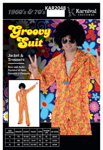 Brightly colored large groovy suit with bold patterns, perfect for 70s themed parties and festive events.