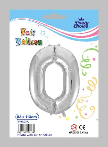 Silver foil balloon shaped like the number 0, ideal for birthdays and celebrations, adding sparkle to any event.