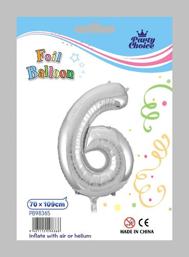 Shiny silver Number 6 foil balloon, perfect for birthdays and anniversaries, durable and eye-catching decor piece.