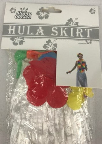 Adult white hula skirt for themed parties and luaus, featuring a flowing silhouette for comfort and vibrant dance looks.