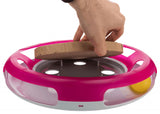 Interactive Trixie Race & Scratch toy with a catnip-filled ball, stable rubber feet, and removable scratching cardboard.