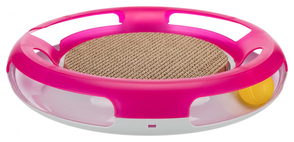 Interactive cat toy with a fillable ball, scratching cardboard, and non-slip feet for stability during playful exercise.