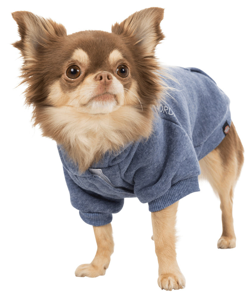 Cozy blue hoodie for small pets, featuring a hood, hook and loop fastener, and supports maritime conservation projects.