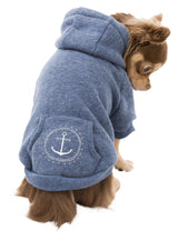 Blue BE NORIDC Hoodie for pets, XS size, featuring cozy sweat material, hood, and secure fasteners for warmth and style.