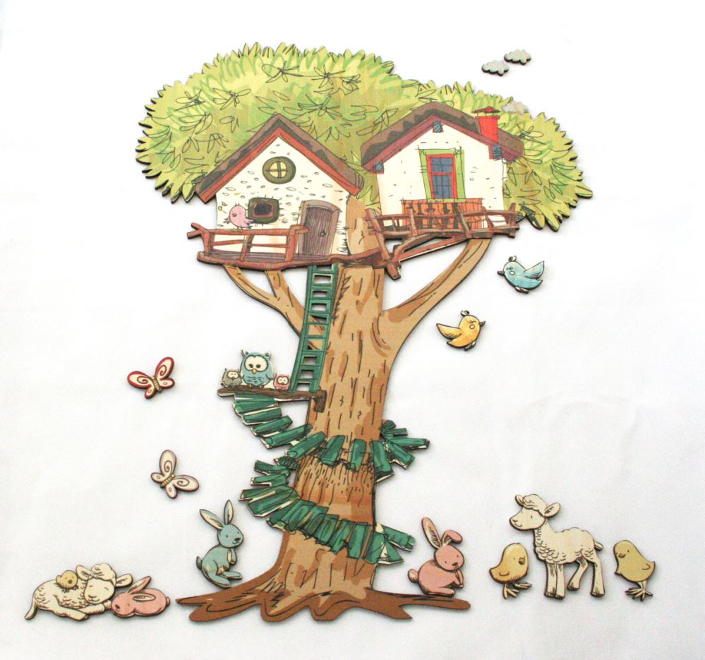 Whimsical treehouse wall art set featuring adorable animals, perfect for nurseries and playrooms, measuring 620mm H x 460mm W.