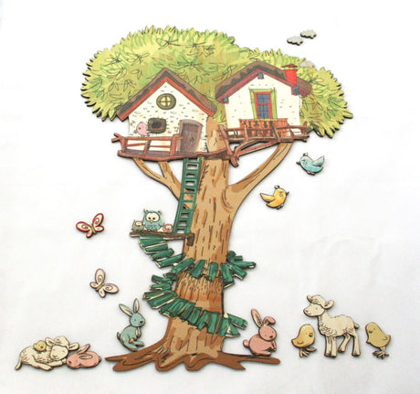 Whimsical treehouse wall art set featuring adorable animals, perfect for nurseries and playrooms, measuring 620mm H x 460mm W.