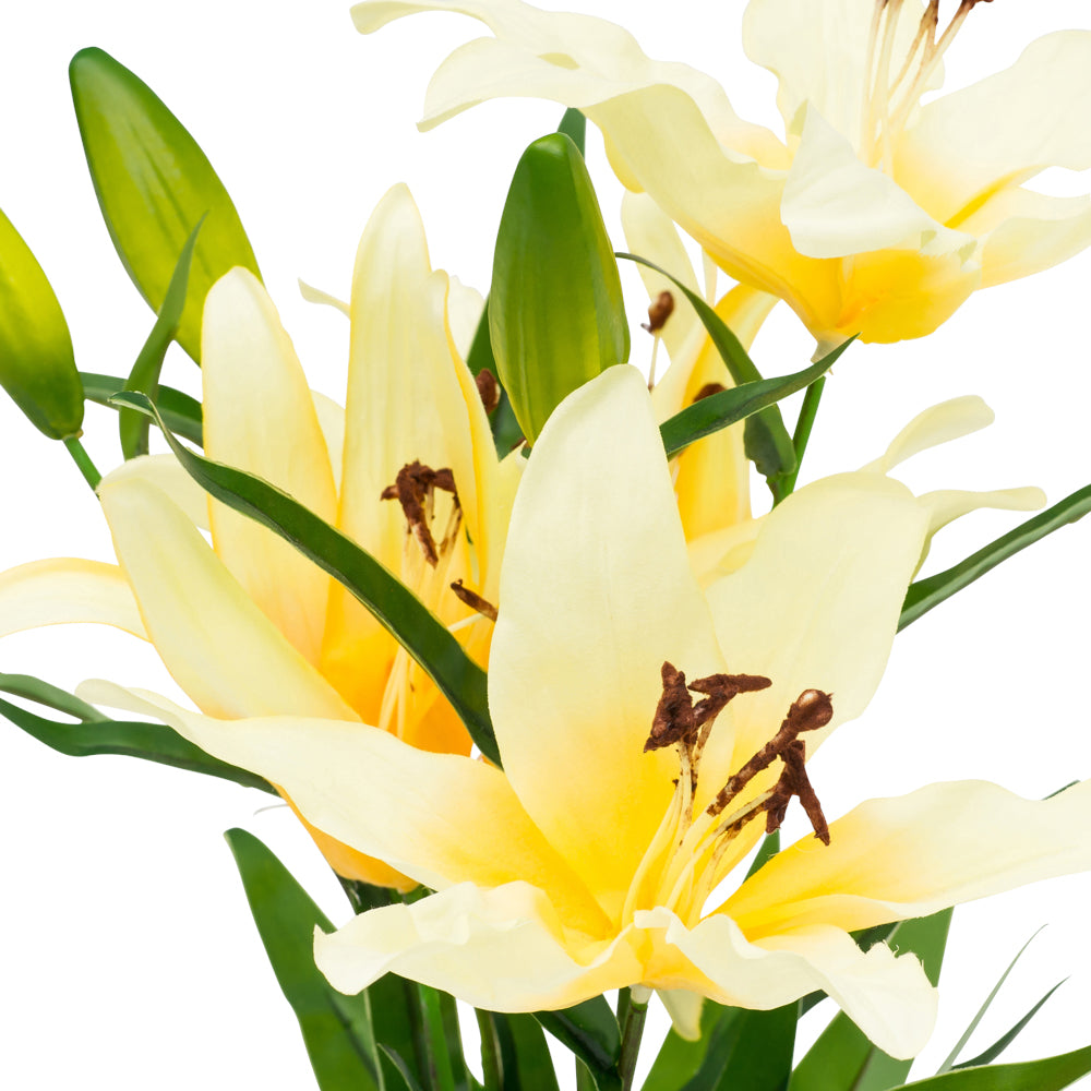 Bright yellow artificial Lilly in a sleek vase, adding a lively touch to home or office decor, standing 480mm tall.