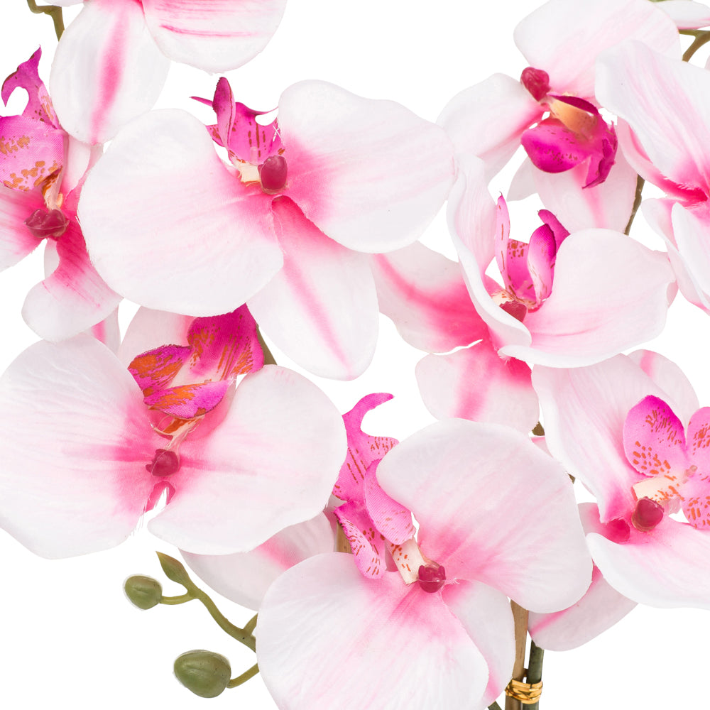 Pink and white artificial orchid in a 100mm vase, 500mm tall, evoking a tropical paradise.