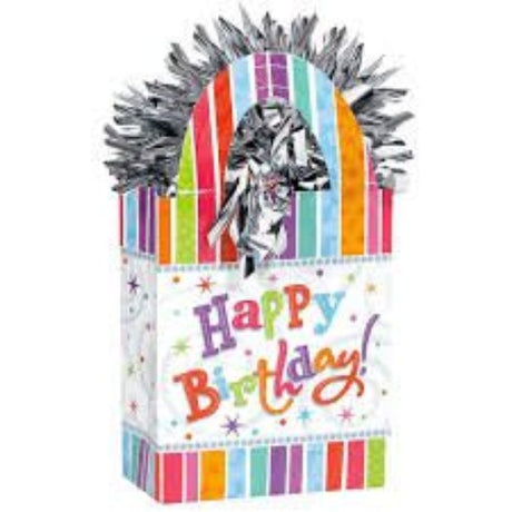 Colorful balloon weights with "Happy Birthday" design and silver tinsel, perfect for party decor and photo displays.