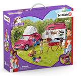 Schleich Horse Adventures playset with car, trailer, and groom Betty caring for her Friesian mare, Raja.