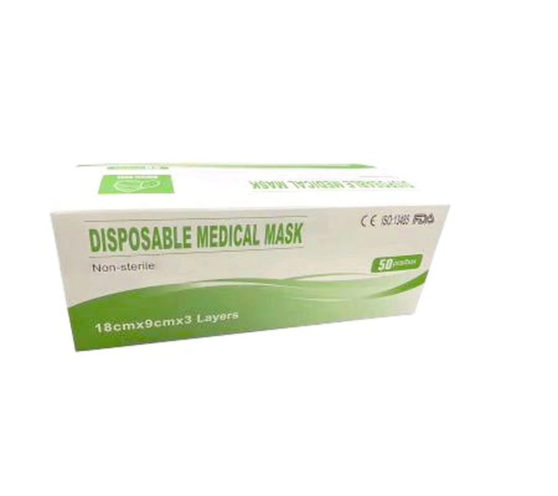 3-ply blue disposable medical face masks in a box of 50, offering effective protection with CE, ISO, and FDA certifications.