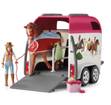 Schleich horse playset featuring Betty and her Friesian mare Raja, complete with SUV, removable trailer, and grooming accessories.