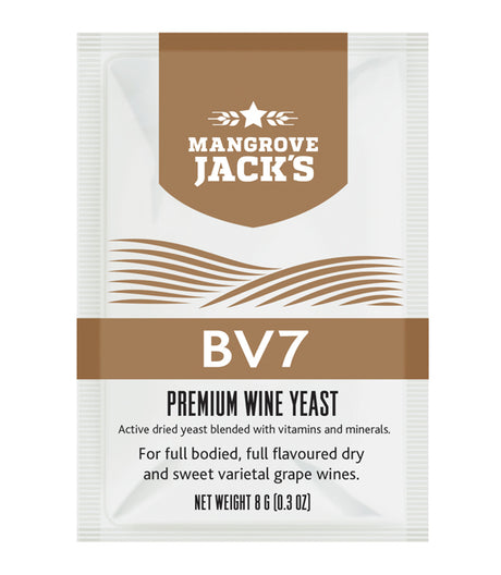 Mangrove Jack's BV7 wine yeast packet, ideal for crafting rich, flavorful white wines with enhanced aroma and complexity.