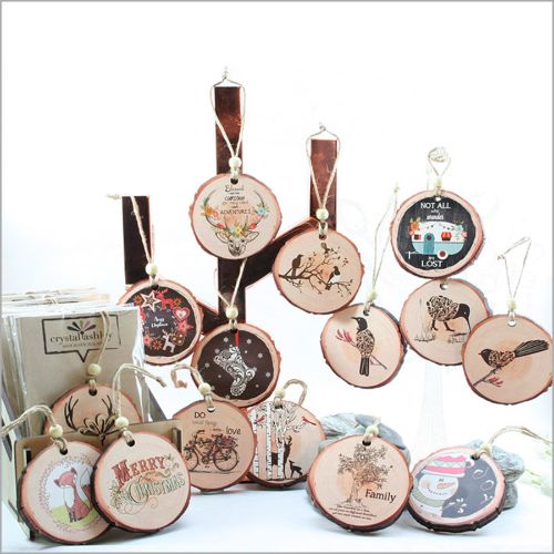 Wood slice ornament featuring intricate bicycle designs, eco-friendly, double-sided, 8mm thick, perfect for holiday decor.