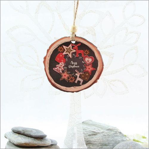 Rustic red and black wood slice ornament with intricate laser-cut designs, perfect for Christmas trees and holiday gifts.