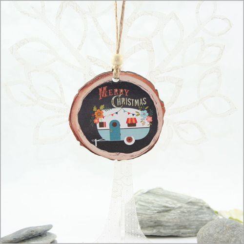 Wood Slice Ornament featuring a laser-cut caravan design, perfect for rustic holiday decor and thoughtful gifting.