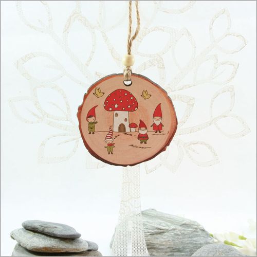 Wood Slice Ornament depicting Elf Town, 80mm x 75mm, vibrant double-sided design, perfect for Christmas trees and gifts.