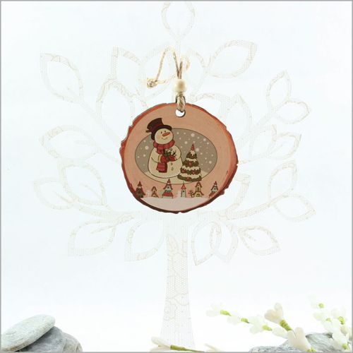 Wood slice ornament featuring a charming snowman scene, perfect for rustic holiday decor or as a thoughtful gift.