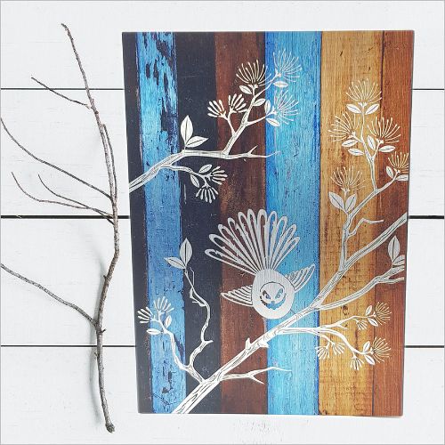 Kiwiana wall art featuring a fantail bird on aged timber, crafted from durable Aluminium Composite Material.