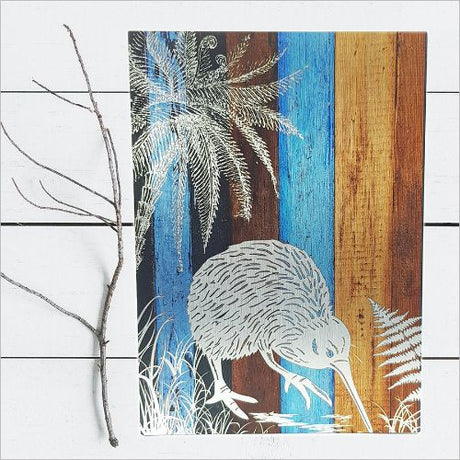 Large Kiwiana wall art featuring a Kiwi image on rustic aged timber, crafted from durable ACM material, measuring 288mm x 420mm.