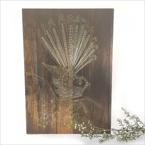 Kiwiana Wall Art featuring a dark wood Fantail, large size, crafted from durable ACM with a brushed silver finish.