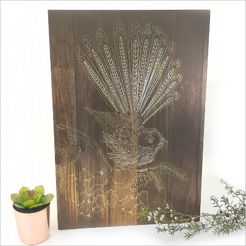 Kiwiana Wall Art featuring a dark wood Fantail, crafted from durable ACM, perfect for adding Kiwi charm to your decor.