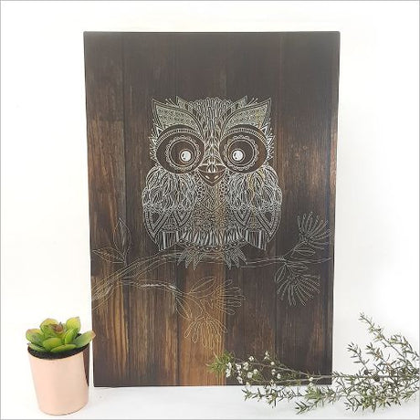 Kiwiana wall art featuring a dark wood Morepork design, printed on durable aluminium composite, ready to hang.