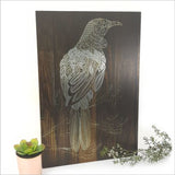 Dark wood Tui wall art on ACM, 288mm x 420mm, enhancing decor with New Zealand's native beauty and vibrant colors.