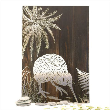 Kiwiana Wall Art featuring a dark wood kiwi design on brushed silver ACM, perfect for home decor and easy to install.