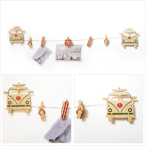 Surfer van art pegs on a sturdy string, perfect for displaying photos and notes with coastal charm.